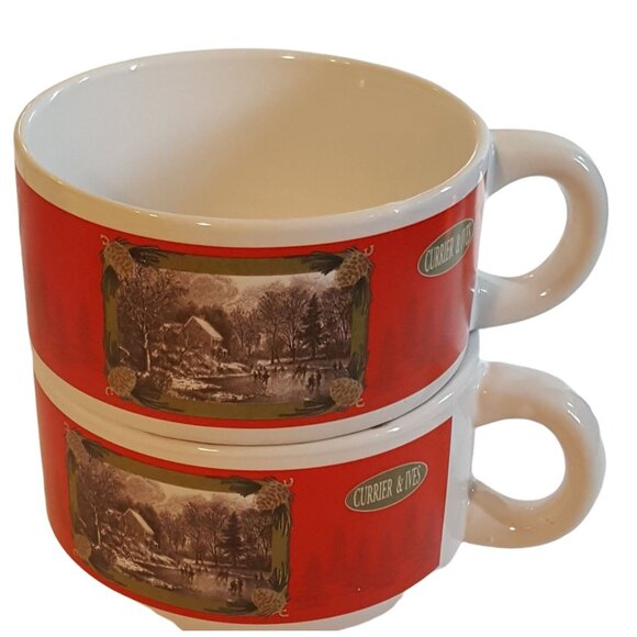 Currier and Ives Stackable Soup Mugs Houston Harvest SET of 2 Red Winter Scene - Picture 1 of 8